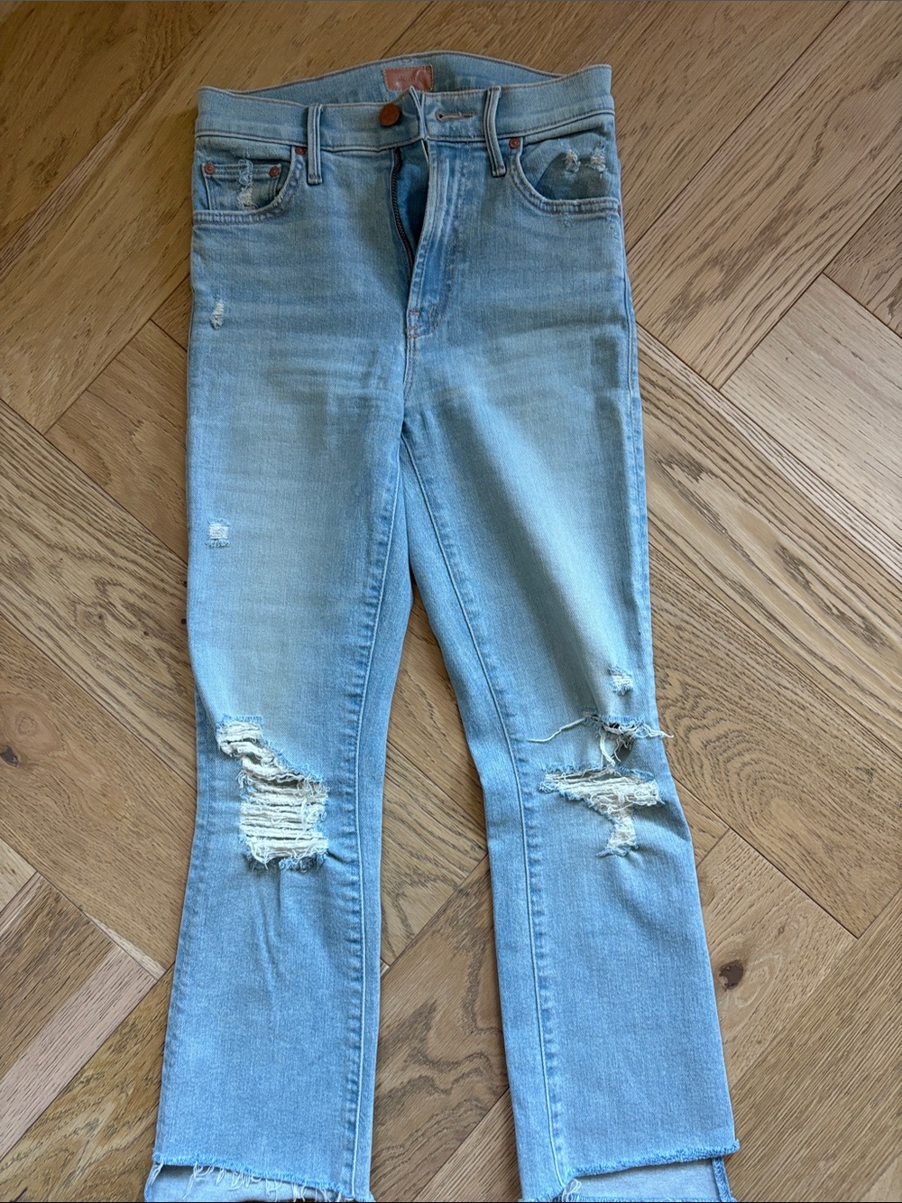 MOTHER Light Blue Distressed Straight-Leg Jeans